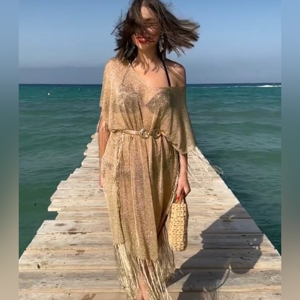 FRINGED METALLIC THREAD KAFTAN DRESS - Picture 4 of 8